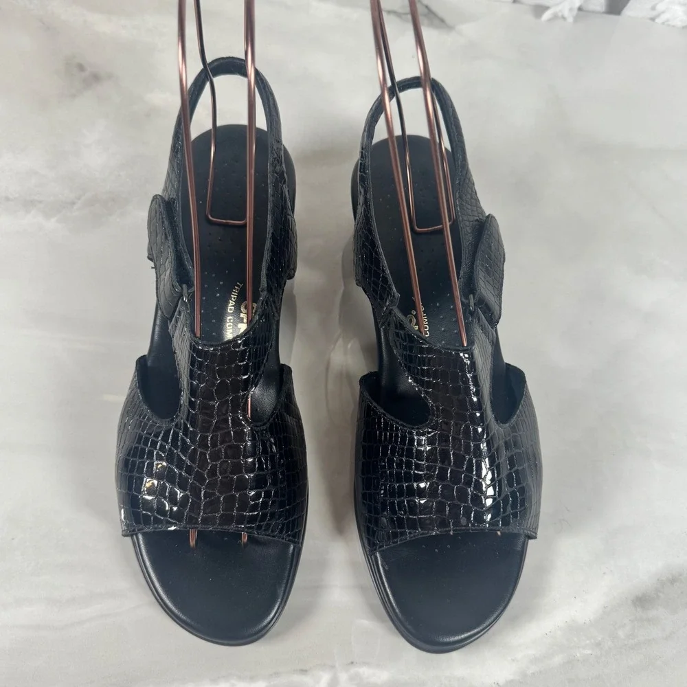 SAS Black Croc Embossed Patent Leather Sandals‎ Slingback Heels Made in USA 10 M